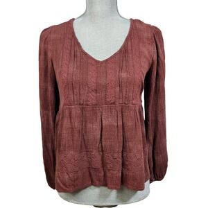 Burgundy Lightweight Gauze Lace Babydoll Peplum Top S Boho Cottagecore Coastal